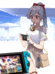  1girl absurdres bag bangs beach_umbrella bird blue_sky brown_skirt bubble_tea bubble_tea_challenge chain chair cloud commentary_request contemporary covered_nipples drinking_straw earrings fate/grand_order fate_(series) gold_chain hair_ribbon handbag highres jewelry long_hair merlin_(fate) meta nintendo_switch outside_border pov pov_hands red_eyes red_ribbon ribbon sesshouin_kiara shirt silver_hair skirt sky slit_pupils tamamo_(fate)_(all) tamamo_no_mae_(fate) tomoe_gozen_(fate/grand_order) tsukino_(nakajimaseiki) twitter_username umbrella very_long_hair watch white_shirt wristband wristwatch 