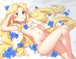  1girl 779420 absurdres bangs bed_sheet blonde_hair blue_eyes blue_flower blush breasts collarbone commentary_request covering covering_breasts crying crying_with_eyes_open eyebrows_visible_through_hair feathered_wings firo_(tate_no_yuusha_no_nariagari) flower groin hand_to_head highres knee_up long_hair looking_at_viewer lying navel nude on_back parted_bangs sidelocks small_breasts solo stomach streaming_tears tate_no_yuusha_no_nariagari tearing_up tears very_long_hair white_wings wings 
