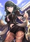  1girl armor bangs black_hair black_shorts blue_sky breasts byleth byleth_(female) cloud cloudy_sky commentary_request day eyebrows_visible_through_hair fire_emblem fire_emblem:_fuukasetsugetsu highres jacket_on_shoulders long_hair looking_at_viewer medium_breasts midriff_peek nakabayashi_zun navel outdoors pantyhose parted_lips shorts shoulder_armor sky smile solo sword turtleneck weapon 