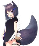  1girl absurdres animal_ear_fluff animal_ears bag bangs belt_buckle belt_collar black_collar black_dress black_hair black_panties blush breasts bubble_tea buckle butterfly_tattoo collar commentary cowboy_shot cup disposable_cup dress drinking_straw eyebrows_visible_through_hair fang fox_ears fox_girl fox_tail hair_between_eyes hair_ornament hairclip handbag highres holding holding_cup leg_belt long_hair looking_at_viewer mayogii open_mouth original panties purple_eyes short_dress short_sleeves shoulder_bag simple_background small_breasts solo standing tail tattoo underwear white_background 