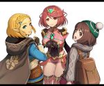  backpack bag bangs blonde_hair braid breasts brown_eyes brown_hair cape cardigan covered_navel crossover crown_braid dress earrings female_protagonist_(pokemon_swsh) fingerless_gloves gem gloves gonzarez green_headwear grey_cardigan hair_ornament hairclip hat headpiece highres homura_(xenoblade_2) jewelry long_sleeves looking_at_viewer open_mouth parted_bangs pink_dress pointy_ears pokemon pokemon_(game) pokemon_swsh princess_zelda red_eyes red_hair red_shorts short_hair shorts shoulder_armor smile super_smash_bros. swept_bangs tam_o&#039;_shanter the_legend_of_zelda the_legend_of_zelda:_breath_of_the_wild the_legend_of_zelda:_breath_of_the_wild_2 thick_eyebrows tiara xenoblade_(series) xenoblade_2 