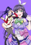  2girls blue_hair cosplay costume_switch detached_sleeves flower green_eyes greetload hair_flower hair_ornament highres kimi_no_kokoro_wa_kagayaiteru_kai? love_live! love_live!_school_idol_project love_live!_sunshine!! matsuura_kanan md5_mismatch multiple_girls open_mouth ponytail purple_eyes purple_hair salute smile sore_wa_bokutachi_no_kiseki thighhighs toujou_nozomi trait_connection twintails 