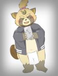  2019 anthro belly blush canid canine clothing eyes_closed fundoshi japanese_clothing japanese_text ku_toru leaf male mammal navel raccoon_dog robe slightly_chubby solo tanuki text tokyo_afterschool_summoners underwear video_games young 
