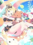  1girl abigail_williams_(fate/grand_order) absurdres balloon barefoot black_panties black_ribbon black_swimsuit blonde_hair blue_eyes bow crossed_bandaids double_bun fate/grand_order fate_(series) feet ferris_wheel forehead fou_(fate/grand_order) highres holding inkspirate innertube looking_at_viewer medjed open_mouth orange_ribbon panties polka_dot polka_dot_bow ribbon smile soles stuffed_animal stuffed_toy swimsuit teddy_bear teeth toes underwear water water_slide 