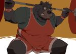  2017 anthro belly black_bear black_fur bulge clothing exercise eyewear fur glasses humanoid_hands male mammal motogen overweight overweight_male shirt solo topwear ursid ursine weightlifting workout 