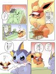  3:4 3_toes blue_eyes blue_skin blush chest_tuft comic dialogue duo eeveelution eyewear female feral flareon fluffy fluffy_tail fur glasses hi_res japanese_text kesu_pu male nintendo pok&eacute;mon pok&eacute;mon_(species) red_eyes red_fur snout speech_bubble text toes translation_request tuft vaporeon video_games visor yellow_fur 