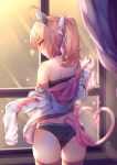  1girl absurdres ahoge animal_ears ass black_panties cat_ears cat_tail choker cowboy_shot from_behind graphite_(medium) headgear highres jacket juneau_(warship_girls_r) long_hair long_sleeves multiple_tails panties pink_hair pink_legwear ray_(pixiv9514208) remodel_(warship_girls_r) skindentation solo standing tail thighhighs traditional_media underwear undressing warship_girls_r white_jacket yellow_eyes 