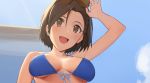  1girl :d arm_up bikini_top blue_bikini_top blue_sky braid breasts brown_eyes brown_hair commentary_request eyewear_on_head highres idolmaster idolmaster_cinderella_girls medium_breasts mizuki_seira onao open_mouth outdoors short_hair side_braid sky smile solo sunglasses upper_body 