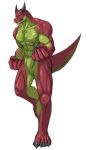  4_toes 5_fingers abs anthro aomura_saki_(pixiv) biceps dragon fist male mature_male muscular muscular_male nude on_one_leg pecs red_body simple_background solo standing toes two_tone_body white_background wingless_dragon yellow_body 