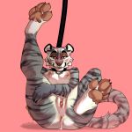  1:1 2019 4_toes 5_fingers anthro digital_media_(artwork) felid female fur grey_fur looking_at_viewer mammal nitani pantherine pink_background pussy simple_background smile solo striped_fur stripes tiger toes 