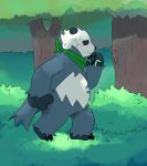  2019 anthro belly black_fur blush fur humanoid_hands khuanzg leaf male nintendo outside overweight overweight_male pangoro pok&eacute;mon pok&eacute;mon_(species) scared solo video_games 
