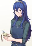  1girl a_meno0 blue_eyes blue_hair blush cooking earrings fire_emblem fire_emblem:_kakusei flat_chest food hair_between_eyes jewelry knife long_hair looking_at_viewer lucina potato simple_background smile solo tiara white_background 