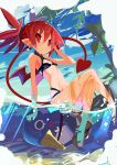 1girl absurdres bikini black_bikini breasts demon_tail disgaea etna flat_chest highres holding looking_at_viewer makai_senki_disgaea miyakawa106 ocean partially_submerged prinny red_eyes red_hair short_twintails sketch small_breasts smile swimsuit tail twintails wet 
