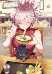  1girl animal animalization asymmetrical_hair black_hair bowl breasts casual chopsticks closed_eyes commentary commentary_request dog earrings eating eyebrows_visible_through_hair fate/grand_order fate_(series) food hair_ornament hair_over_one_eye highres holding holding_bowl holding_chopsticks jewelry kawaruhi koha-ace large_breasts long_hair miyamoto_musashi_(fate/grand_order) noodles okada_izou_(dog) okada_izou_(fate) pink_hair pomeranian_(dog) ponytail scarf solo sword tempura udon weapon 