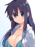  1girl adyisu area_aquamarine black_hair blue_eyes blush breasts cleavage collarbone hair_between_eyes jacket large_breasts long_hair looking_at_viewer open_clothes open_jacket original simple_background solo swimsuit upper_body 