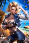  1girl android_18 ayya_saparniyazova beach belt belt_buckle black_legwear black_nails blonde_hair blue_eyes blue_sky breast_hold breasts buckle cleavage clenched_hand contrapposto day denim denim_skirt denim_vest dragon_ball dragon_ball_z earrings eyeliner floating_rock jewelry large_breasts lips looking_at_viewer makeup nail_polish nose ocean pantyhose patreon_username puckered_lips short_hair signature skirt sky solo standing striped torn_clothes torn_legwear torn_skirt 