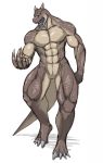  4_toes 5_fingers abs anthro aomura_saki_(pixiv) brown_scales countershading countershading_torso full-length_portrait grey_eyes grey_tongue lizard male mature_male multicolored_scales muscular muscular_male open_mouth pecs portrait quads reptile scales scalie simple_background solo standing toes tongue two_tone_scales white_background 