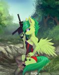  2019 5_fingers anthro clothed clothing cutie_mark detailed_background equid equine fan_character female forest green_eyes green_hair gun hair holding_object holding_weapon looking_at_viewer mammal my_little_pony pterippus ranged_weapon rublegun sitting smile solo tree weapon wings 