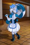  axilide clothing corset felid female footwear frilly frilly_clothing gas_mask glistening hi_res high_heels lingerie maid_apron mammal mask pantherine rubber shoes snow_leopard solo umbrella 