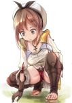  1girl atelier_(series) atelier_ryza beret brown_gloves brown_hair brown_legwear commentary_request gloves hair_ornament hairclip hat kurona open_mouth reisalin_stout short_hair short_shorts shorts solo squatting 