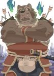  2014 anthro brown_fur bulge canid canine clothing fundoshi fur japanese_clothing male mammal melee_weapon motogen overweight overweight_male raccoon_dog solo sword tanuki underwear weapon 