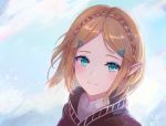  1girl bangs blonde_hair braid cape crown_braid green_eyes hair_ornament hairclip leonmandala looking_at_viewer parted_bangs pointy_ears princess_zelda short_hair slime smile solo the_legend_of_zelda the_legend_of_zelda:_breath_of_the_wild the_legend_of_zelda:_breath_of_the_wild_2 