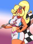  2019 3:4 anthro bandicoot big_breasts black_nose blonde_hair blue_flower bottomwear breasts checkered_flag cleavage clothed clothing coco_bandicoot crash_bandicoot_(series) curled_hair digital_media_(artwork) eyelashes eyeshadow female flag flower flower_in_hair fur green_eyes hair hair_over_eye hand_on_hip hi_res holding_object keyhole long_hair looking_at_viewer makeup mammal marsupial multicolored_fur naughty_dog navel one_eye_closed orange_fur pinup plant ponytail pose race_queen ryujisama shorts simple_background smile solo sony_corporation sony_interactive_entertainment standing thick_thighs topwear two_tone_fur video_games white_clothing wink 