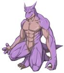  4_toes abs anthro aomura_saki_(pixiv) biceps collarbone crouching dragon full-length_portrait male mature_male muscular muscular_male nude on_one_knee pecs portrait purple_body red_eyes simple_background smile solo tan_body toes white_background wingless_dragon 