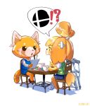  2019 absurd_res accessory aggressive_retsuko ailurid animal_crossing anthro azoura bandage beverage blush canid canine cast clothing crossover crutch dipstick_tail duo female floppy_ears hair_accessory hi_res isabelle_(animal_crossing) mammal motion_blur multicolored_tail nintendo open_mouth pictographics red_panda retsuko sanrio signature sitting speech_bubble super_smash_bros. table video_games 