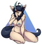  anthro areola big_breasts biped black_hair black_nose black_sclera black_tail blue_areola blue_claws blue_horn blue_nipples breasts broken_horn canid canine canis claws digital_media_(artwork) domestic_dog female fluffy fur hair hi_res horn long_tail looking_at_viewer mammal navel nipples nude one_eye_closed portrait red_eyes short_hair simple_background sitting smaller_version_at_source solo tan_ears tan_fur white_background zkelle 