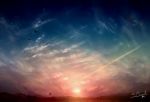  alu.m_(alpcmas) artist_name bird cloud condensation_trail fence hill lens_flare no_humans original scenery signature silhouette sky sunset 