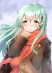  1girl absurdres aqua_hair blush brown_jacket cardigan green_eyes hair_ornament hairclip highres jacket kantai_collection long_hair looking_at_viewer open_mouth red_scarf remodel_(kantai_collection) sakurahuji-iro scarf school_uniform snowing solo suzuya_(kantai_collection) upper_body 