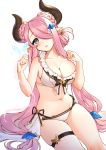  1girl bikini blue_eyes blush breasts bug butterfly draph earrings granblue_fantasy hair_ornament hair_over_one_eye highres horns insect jewelry large_breasts lio_(tsukuyomi-tei) long_hair narmaya_(granblue_fantasy) navel pink_hair pointy_ears simple_background single_thighhigh sitting solo swimsuit thighhighs very_long_hair white_background white_bikini 