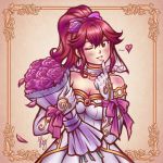  1girl anna_(fire_emblem) bouquet bow breasts bridal_veil choker cleavage commission cowboy_shot cropped_legs dress elbow_gloves finger_to_mouth fire_emblem fire_emblem_heroes flower gloves hair_flower hair_ornament heart highres medium_breasts one_eye_closed petals pink_bow red_eyes red_hair rose rose_petals smile solo strapless strapless_dress tacoyaki veil wedding_dress white_choker white_dress white_gloves 