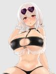  1girl :o alternate_costume azur_lane bangs bikini black_bikini blush breasts cleavage collarbone edobox eyebrows_visible_through_hair eyewear_on_head grey_background hair_between_eyes hair_intakes heart heart-shaped_eyewear looking_at_viewer navel o-ring o-ring_top red_eyes scrunchie see-through shiny shiny_skin short_hair simple_background sirius_(azur_lane) sirius_(midsummer_seirios)_(azur_lane) solo sunglasses swimsuit white_hair wrist_scrunchie 