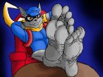  2018 4:3 5_toes bottomless cane chair clothed clothing darkzeus feet foot_focus hands_behind_head humanoid_feet looking_at_viewer male mammal procyonid raccoon sitting sly_cooper sly_cooper_(series) smug solo sony_corporation sony_interactive_entertainment sucker_punch_productions toes video_games 