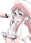  artist_request aty_(summon_night) bar_censor beret blush breasts censored cum cum_on_body cum_on_breasts cum_on_clothes cum_on_glasses cum_on_hair cum_on_upper_body facial glasses hat large_breasts long_hair long_sleeves monochrome penis solo_focus summon_night summon_night_3 upper_body 