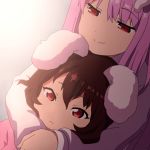  2girls animal_ears brown_hair bunny_ears commentary_request eyebrows_visible_through_hair eyes_visible_through_hair floppy_ears hair_between_eyes hug hug_from_behind inaba_tewi long_hair long_sleeves multiple_girls parody purple_hair red_ribbon reisen_udongein_inaba ribbon shirosato short_hair smile ssss.gridman touhou 