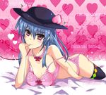  ayaya bed blue_hair bra english finger_to_mouth flat_chest food fruit garter_belt hat heart heart_background hinanawi_tenshi lingerie long_hair no_panties oversized_breast_cup peach red_eyes solo thighhighs touhou underwear 
