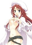  artist_request aty_(summon_night) belt beltskirt beret blue_eyes blush breast_suppress breasts cape hat large_breasts long_hair long_sleeves lowres midriff nipples no_bra no_panties open_clothes open_mouth red_hair solo summon_night summon_night_3 