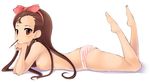  bad_id bad_pixiv_id barefoot bow breasts brown_eyes brown_hair eating error feet food hairband idolmaster idolmaster_(classic) idolmaster_1 long_hair lying medium_breasts minase_iori nipples on_stomach panties pocky shachi_kamaboko solo striped striped_panties topless underwear underwear_only 