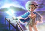  1girl alternate_color black_gloves blonde_hair blue_cape blue_dress breasts brown_dress cape cleavage cloud commentary_request cowboy_shot dock dress earrings fur-trimmed_cape fur_trim gloves green_eyes hand_on_own_hip hat high_wizard_(ragnarok_online) holding holding_staff jewelry large_breasts looking_at_viewer ocean open_mouth outdoors panda90 pier pointy_ears purple_sky ragnarok_online short_dress short_hair sky smile solo staff strapless strapless_dress tam_(ragnarok_online) two-tone_dress white_hat 