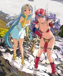  armor bikini_armor blue_hair boots breasts circlet cleavage commentary_request dragon_quest dragon_quest_iii dress elbow_gloves gloves green_eyes groin helmet imaichi large_breasts long_hair looking_at_viewer multiple_girls navel open_mouth purple_hair red_armor red_eyes sage_(dq3) smile soldier_(dq3) staff sword weapon winged_helmet 