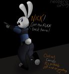  2019 aiming angry anthro buckteeth butt clothed clothing dark dialogue disney english_text female fur grey_fur gun hi_res hindpaw holding_object holding_weapon judy_hopps lagomorph leporid mammal neopero paws police police_uniform profanity purple_eyes rabbit rabbit_tail ranged_weapon simple_background solo standing teeth text uniform unseen_character weapon yelling zootopia 