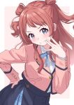  1girl absurdres blue_eyes blue_overskirt blush border brown_hair collared_shirt commentary cropped_jacket gakuen_idolmaster hair_rings hanami_saki hand_on_own_hip hatsuboshi_gakuen_school_uniform highres idolmaster jacket long_hair long_sleeves looking_at_viewer neck_ribbon nina_(nina_funny1217) pink_background pink_jacket pleated_skirt ribbon school_uniform shirt simple_background skirt smile solo two_side_up white_border white_shirt 