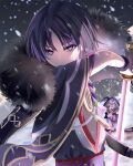  1boy 1girl 8hj_xtt animal_ear_hood arm_at_side armor bare_tree black_kimono black_mask black_sky black_sleeves blood blood_from_mouth blood_on_clothes blood_on_face blood_on_hands blunt_ends bright_pupils cicin_mage_(genshin_impact) closed_mouth coat coat_on_shoulders crystal electro_cicin_mage_(genshin_impact) eyeliner eyeshadow fatui_coat fur-trimmed_coat fur_collar fur_trim furisode genshin_impact glaring gold_trim green_hair half_mask han&#039;eri hand_up highres holding holding_sword holding_weapon hood hooded_coat japanese_armor japanese_clothes kimono kneeling kote kurokote layered_kimono long_sleeves looking_at_another looking_at_viewer makeup mask purple_coat purple_eyes purple_hair purple_hood purple_rope purple_sash purple_sleeves red_eyeliner red_eyeshadow red_kimono red_sash ringed_eyes rope sash scaramouche_(genshin_impact) shimenawa short_hair sky snow sword tassel tree tsurime weapon white_kimono white_pupils white_rope 