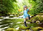  1girl artist_name black_footwear blue_shirt boots brown_eyes brown_hair child dated day english_commentary flag flat_cap forest hand_up hat hataraku_saibou holding holding_flag lilia_creative long_hair looking_at_viewer moss nature open_mouth outdoors platelet_(hataraku_saibou) rock rubber_boots shirt short_sleeves shorts signature smile solo standing standing_on_one_leg stream sunlight very_long_hair water white_headwear 