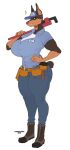  anthro ballcap big_breasts boots breasts brown_eyes canid canine canis cherrikissu clothing dobermann domestic_dog female footwear gloves_(marking) hand_on_hip huge_breasts looking_at_viewer mammal markings muscular muscular_female name_tag open_mouth pinscher pipe_wrench ring smile thick_thighs tool_belt tracy_porter uniform wedding_ring 