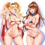  2girls arms_under_breasts ass_visible_through_thighs asymmetrical_bangs bangle bangs bare_shoulders beatrix_(granblue_fantasy) bikini blonde_hair blue_bikini blue_eyes blush bracelet breasts brown_eyes brown_hair cleavage collarbone commentary_request contrapposto cowboy_shot detached_collar eyewear_on_head flower flying_sweatdrops granblue_fantasy grin groin hair_flower hair_ornament hair_ribbon hair_scrunchie hairband hibiscus highres jewelry large_breasts long_hair looking_at_viewer micro_bikini multiple_girls navel o-ring o-ring_top one_eye_closed open_mouth ponytail red_bikini ribbon scrunchie shuugetsu_karasu sidelocks simple_background smile solo stomach swept_bangs swimsuit thighs twintails v white_background zeta_(granblue_fantasy) 