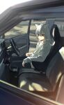  1girl animal_ears black_pants car car_door car_interior car_seat cat_ears expressionless from_outside hand_rest highres long_hair long_sleeves looking_at_viewer motor_vehicle original outdoors pants road scenery shirt sitting street sunlight white_hair white_shirt zumochi 